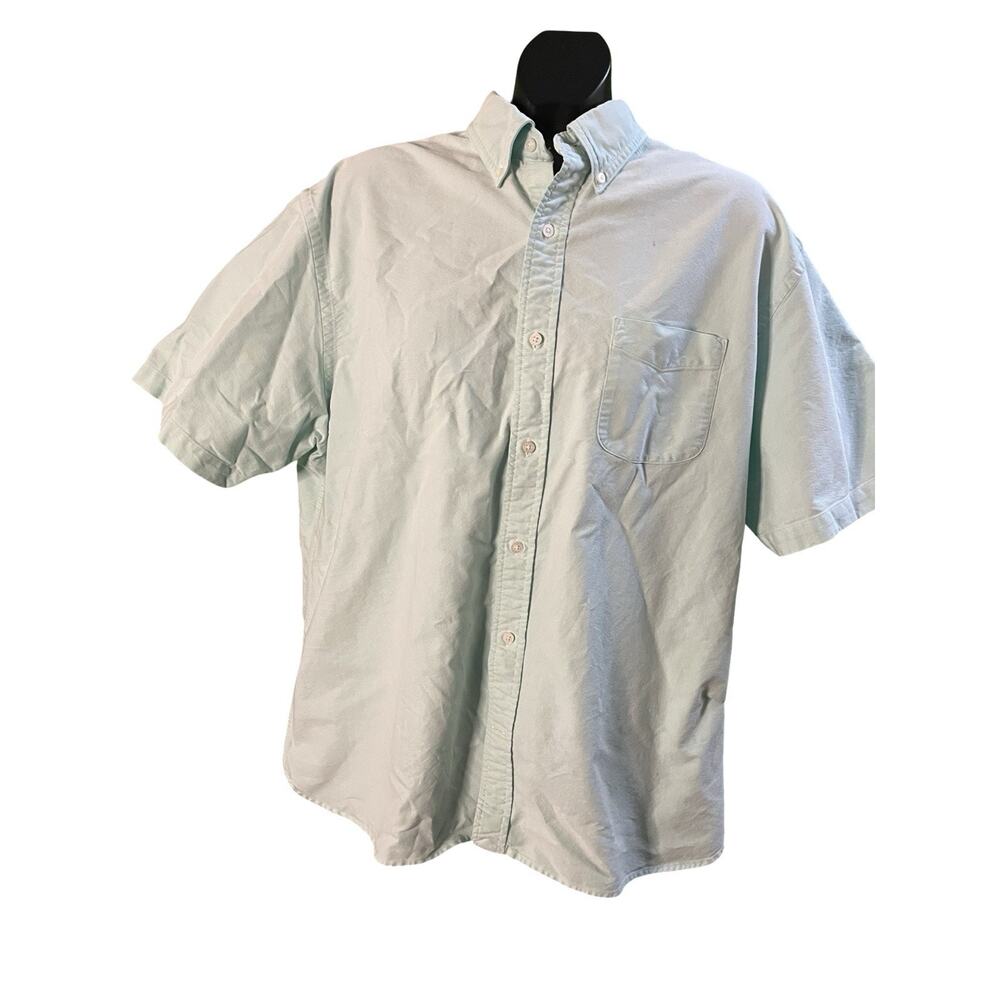 Lands End Mens Short Sleeve Shirt XL Green Front Pocket Original Oxford 100%